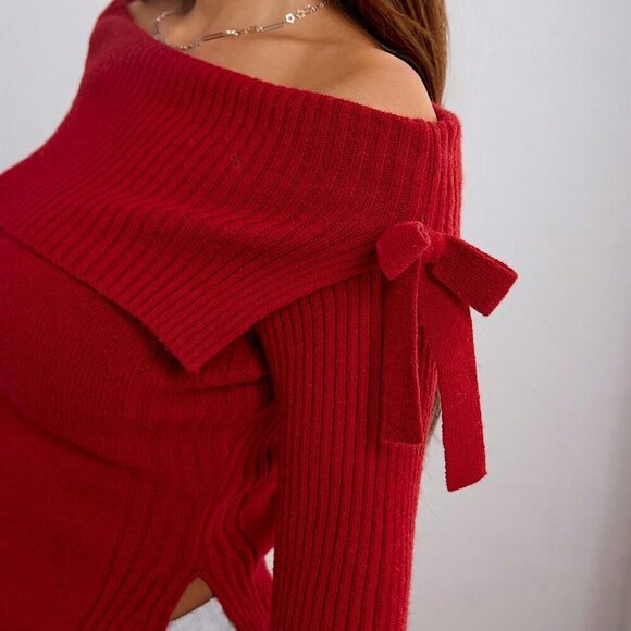 Burgundy Casual Women's Asymmetric Hem Off Shoulder Long Sleeve Sweater - Picture 6 of 6